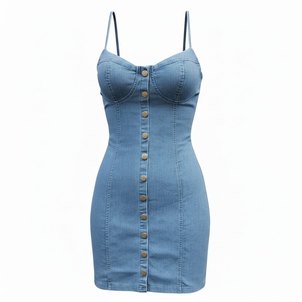 IRIS Denim Mini Dress Women XL Light Blue Excellent Bustier Button Front Cutout